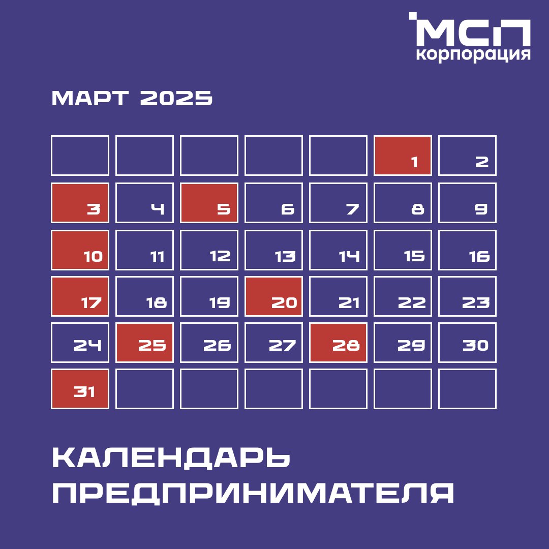 Календарь предпринимателя на март 2025 года.